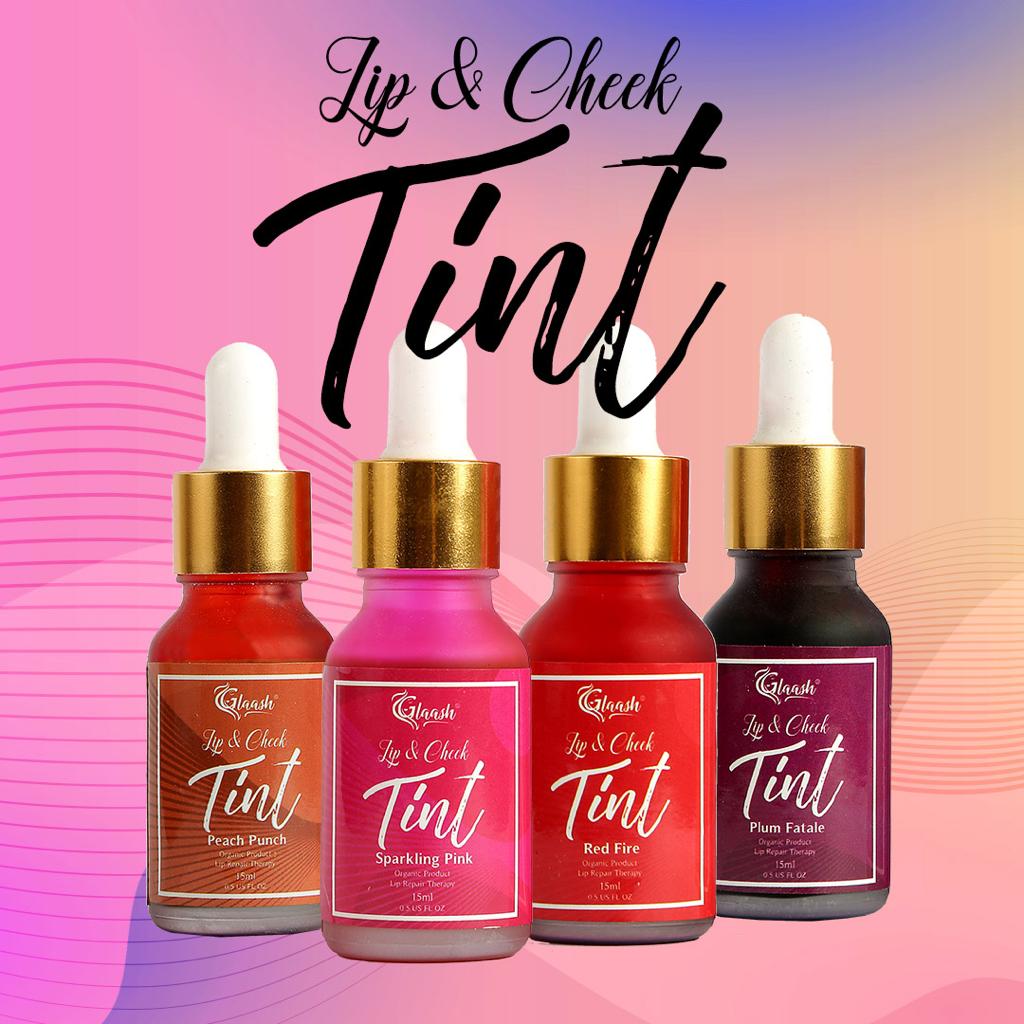 Glaash Lip & Cheek Tint Water Based 15ml - Red Fire | Plum Fatale | Sparkling Pink | Peach Punch